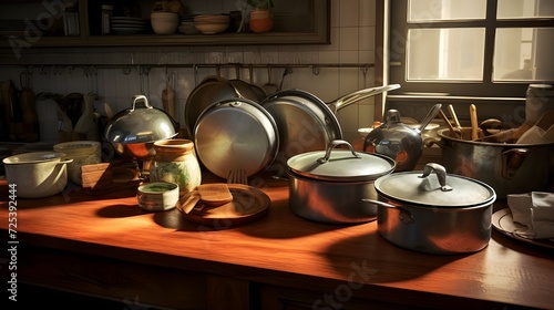 A kitchen with a large shelf full of pots and pans with the word kitchen on it