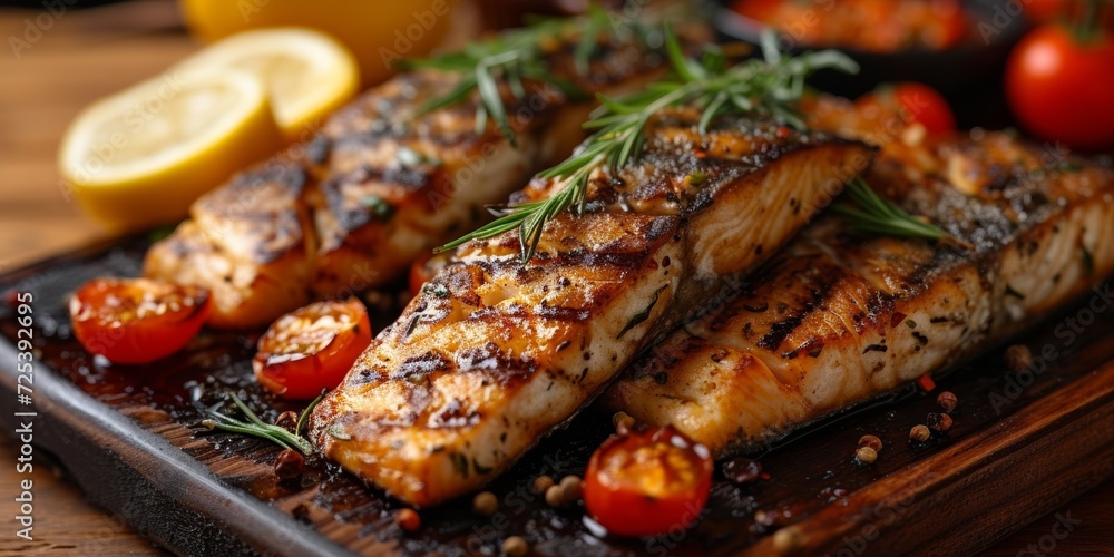 Delicious grilled salmon steak on a plate surrounded by fresh vegetables makes for a healthy and appetizing meal. Delicious grilled salmon steak on a plate surrounded by fresh vegetables makes for a healthy and appetizing meal.