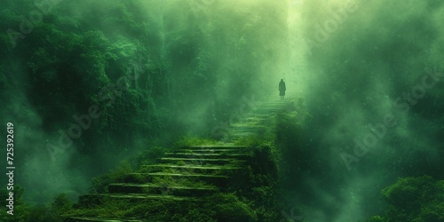Fototapeta A solitary journey through enchanting forest staircases surrounded by lush greenery, reminiscent of a mystical adventure