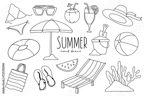 set of summer season hand drawn illustrations, doodle line art vector for beach vacations