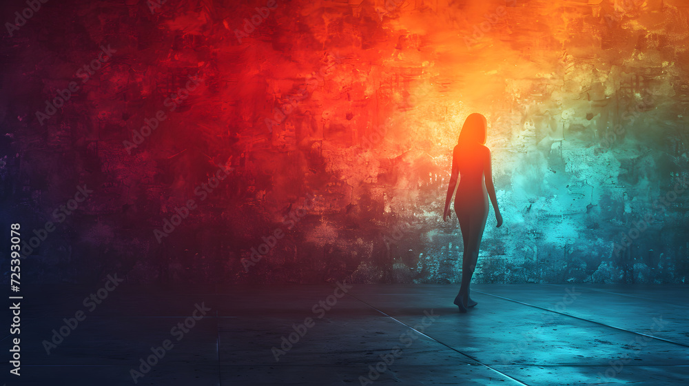 a person walking away on a vibrant background a person walking away on a vibrant background