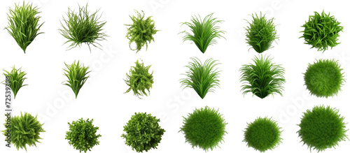 Set of top view of grass bushes isolated on white background. #725393011