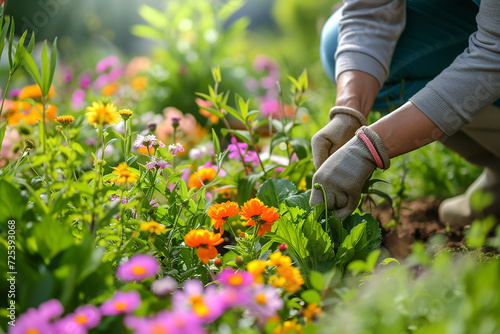Gardening in Spring: Soft Lighting Amidst Blooming Flowers and Fresh Greenery