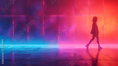a person walking away on a vibrant background