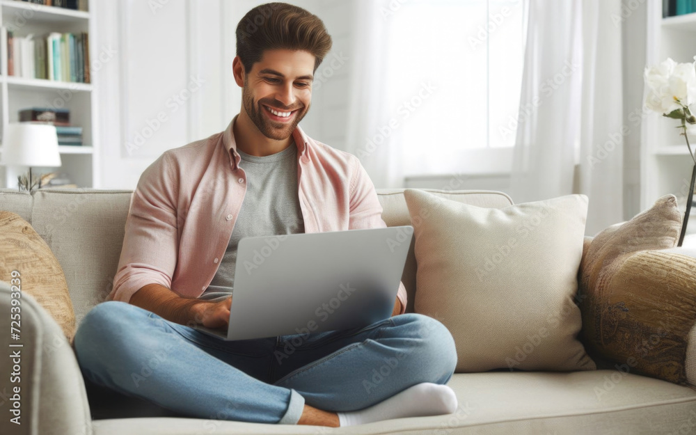 Happy man working from home looking at documents sitting with laptop on sofa