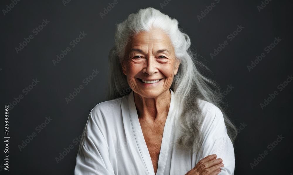Radiant elderly woman with long white hair, warm smile, and crossed ...