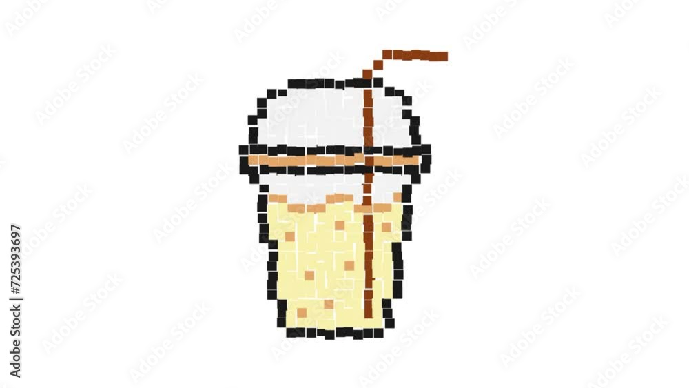 Animated Pixel icon. Glass of smoothie with straw and lid. Refreshing fruit drinks in hot summer. Simple retro game looped video isolated on white Animated Pixel icon. Glass of smoothie with straw and lid. Refreshing fruit drinks in hot summer. Simple retro game looped video isolated on white