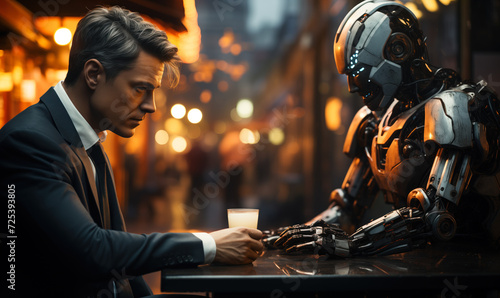 Futuristic encounter between a businessman and humanoid robot in an intimate setting, symbolizing AI integration