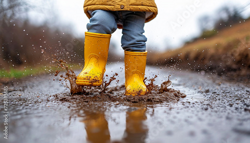 Happy child playful jumping in puddle with yellow rain boots. Close-up of kid wearing yellow rain boots and walking during sleet, rain and snow on cold day. Child in colorful coat