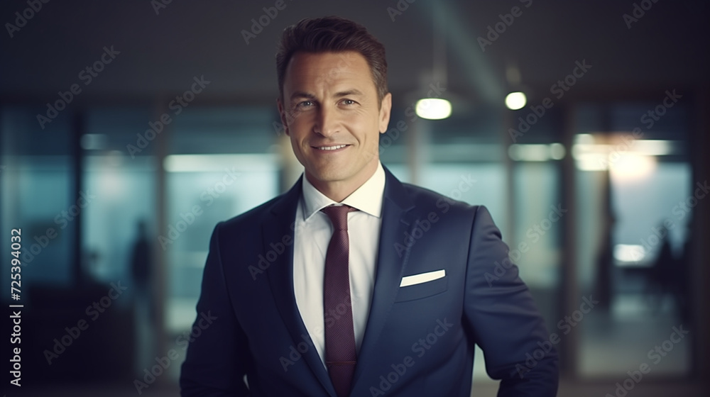 Portrait of smiling businessman in office, a business person wearing suit standing in the office, corporate life, Entrepreneur portrait