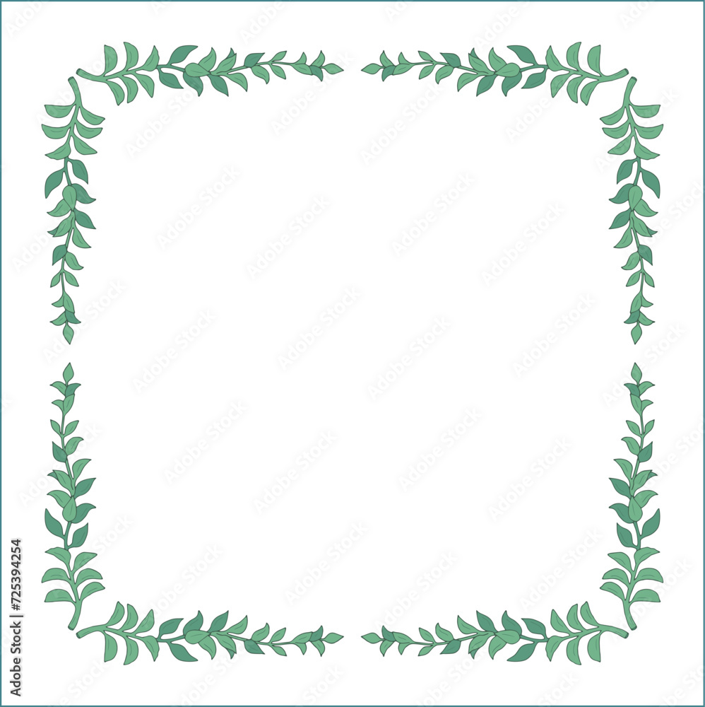 Green vegetal ornamental frame with senecio leaves, decorative border, corners for greeting cards, banners, business cards, invitations, menus. Isolated vector illustration. Green vegetal ornamental frame with senecio leaves, decorative border, corners for greeting cards, banners, business cards, invitations, menus. Isolated vector illustration.