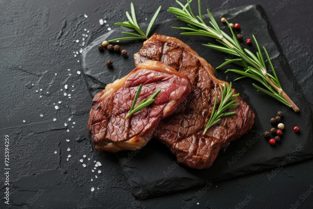 Roasted beef steak on dark stone background with rosemary herbs. Top view