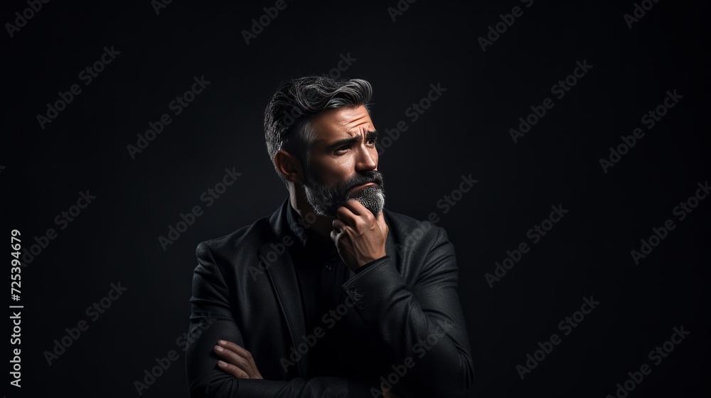 a man thinking, on a table, black and white background a man thinking, on a table, black and white background