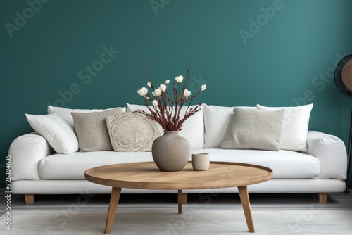 Interior of modern living room with white sofa. Concept of stylish interior designs, arrangement
