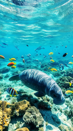 The manatee swims in the water above the sandy seabed photo
