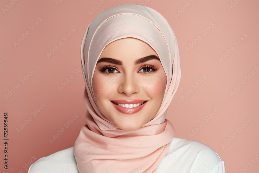 Face of young beautiful muslim woman with hijab headscarf in front of studio background Face of young beautiful muslim woman with hijab headscarf in front of studio background