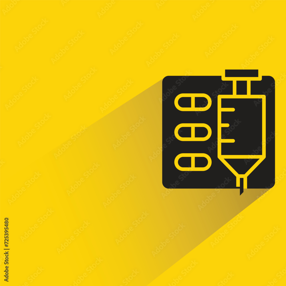 syringe and pill icon with shadow on yellow background syringe and pill icon with shadow on yellow background