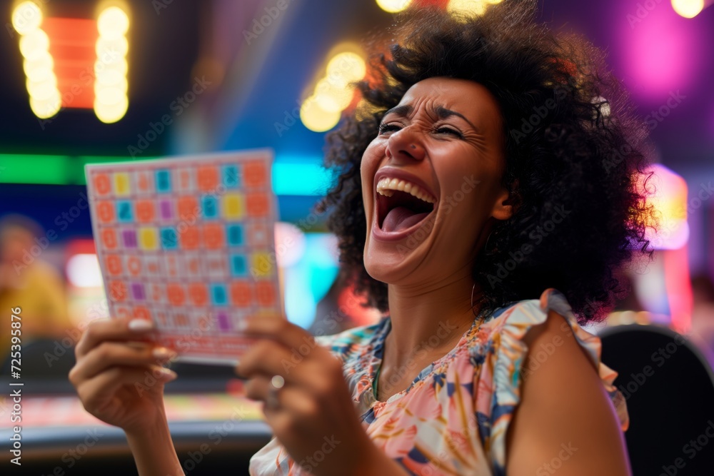 lady with winning bingo card overjoyed in bingo hall