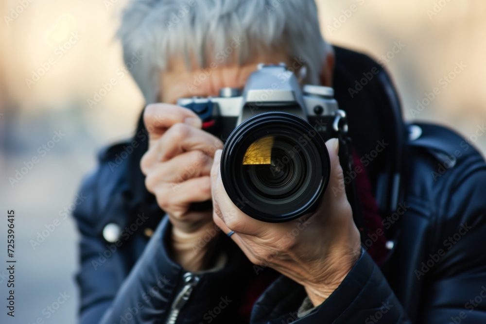 Obraz premium sophisticated senior taking photos with a professional dslr camera