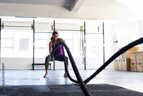 Dedicated biracial young woman training with battle ropes in health club against window, copy space