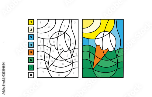 Сoloring book page by ice cream numbers for children. Puzzle game for children's learning, activities, creativity. Vector