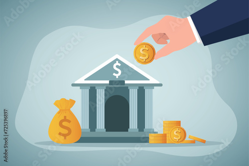 Savings, Investment bank financial service to provide invest advisory, wealth management or loan for company, money growth or profit and earning concept, Businessman put dollar coin on investment bank