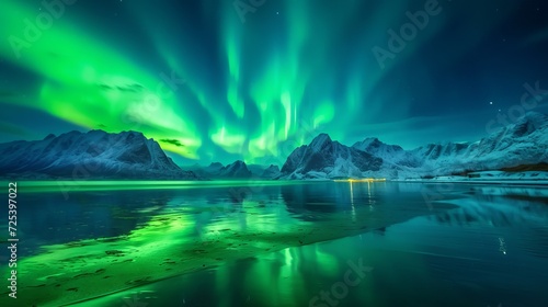 Aurora borealis on the Lofoten islands, Norway. Green northern lights above mountains and ocean shore. Night winter landscape with aurora and reflection on the water surface. © Emil