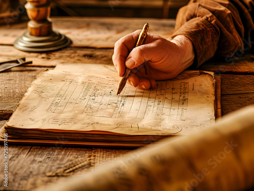 Close-up of a person's hand writing in an antique ledger with a quill pen, evoking historical financial record-keeping.
