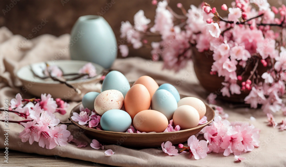 Colorful eggs on beige linen napkin and spring flowers on rustic table with cherry blossoms, on Easter holiday