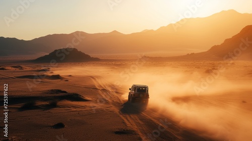 Safari and travel to Africa, extreme adventures or science expedition in a stone desert. Sahara desert at sunrise, mountain landscape with dust on skyline, hills and traces of the off-road car.