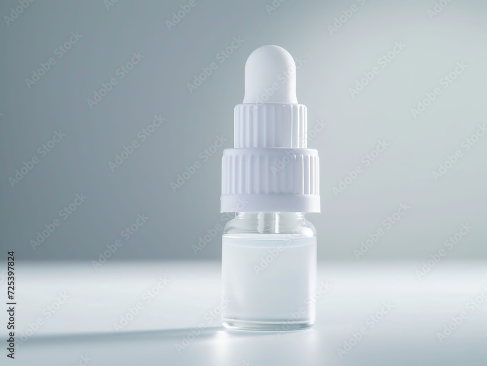 White plastic vial with eye drops on a light background. Copy space. White plastic vial with eye drops on a light background. Copy space.