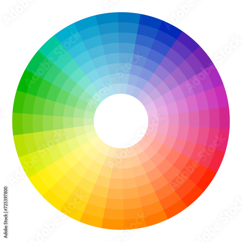 Color wheel isolated on white. Color palette guide. Rainbow wheel. Color wheel vector. Illustration of printing color wheel with twelve colors in gradations. Gradation of colors Theory in the circle.