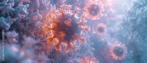 Magnified Influenza Virus in Frosty Winter Ambiance, Symbolizing Common Flu Season. Medical background.