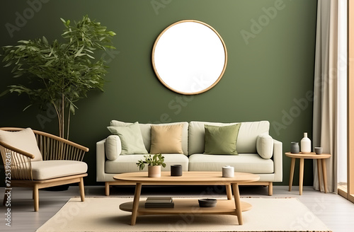 Stylish living room adorned with an abstract frame poster  featuring modern interior design  accompanied by a 3D render and illustration. Made with generative AI technology