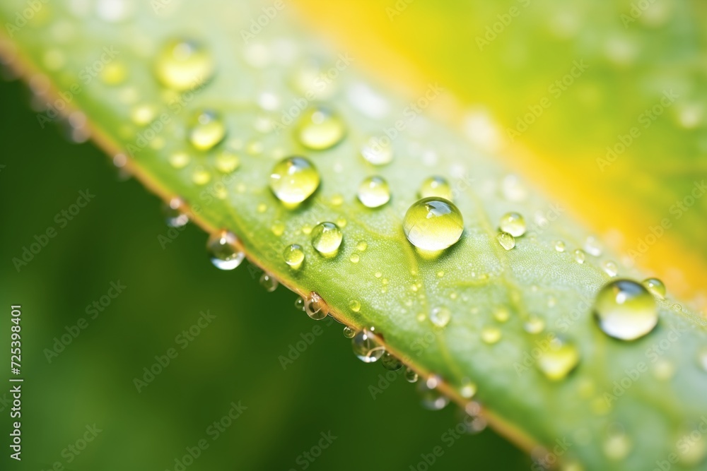 macro shot of dewdrops over a bright green leaf macro shot of dewdrops over a bright green leaf
