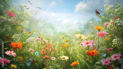 Fototapeta Naklejka Na Ścianę i Meble -  Beautiful blooming garden with colorful flowers and tropical birds. Fantastic  landscape. Copy space.