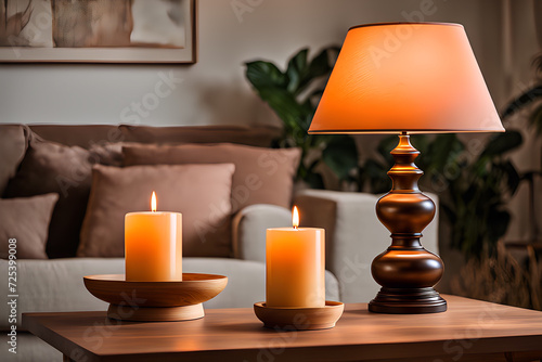 Vintage Glow: Small Wooden Table Ensemble with Peach Lamp and Candles