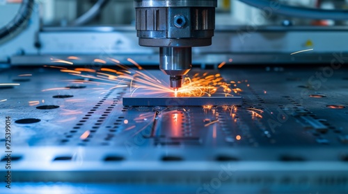 CNC Laser cutting of metal, modern industrial technology Making Industrial Details. The laser optics and CNC (computer numerical control) are used to direct the material or the laser beam generated