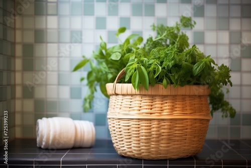 woven basket of fresh herbs in a sauna corner