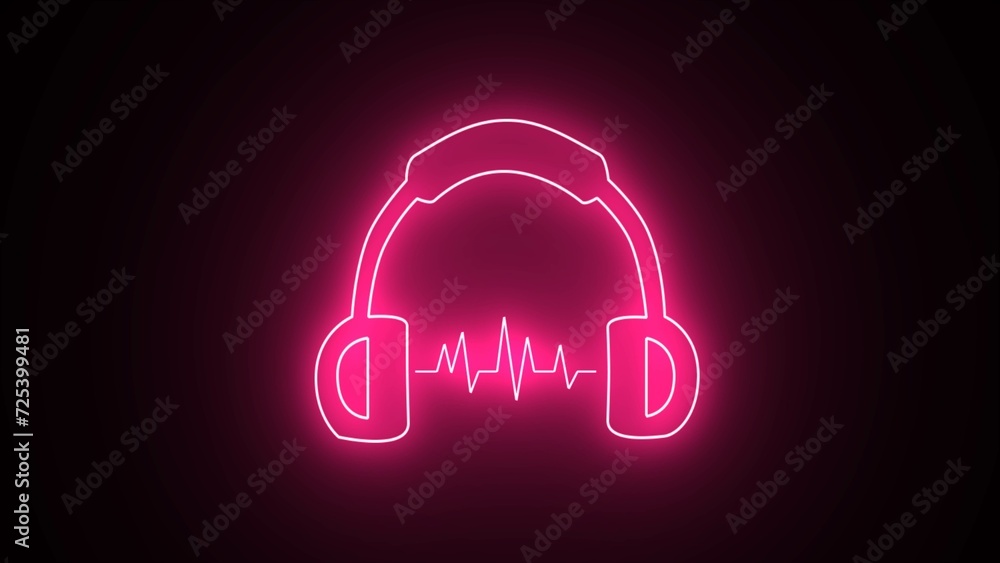 Pink neon headphones on black background. Neon headphones icon, symbol, sign. Glowing music earphone icon.