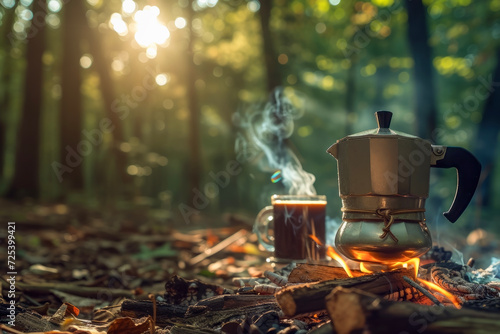 Amidst dappled sunlight in the forest, savoring coffee brewed over a campfire. A harmonious blend of nature and coffee.