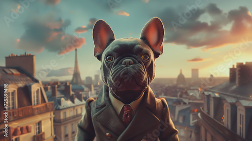 Elegant French Bulldog Overlooking Paris Skyline at Sunset - Whimsical Digital Art of a Dapper Dog Amidst the Romance of the City, Evoking Chic Urban Canine Charm