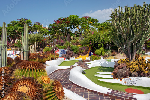 Spectacular green xeriscape garden, beautiful outdoor green space surrounding a mini golf area, featuring a large variety of tropical flora: cacti, succulents, drought-tolerant shrubs and perennials photo