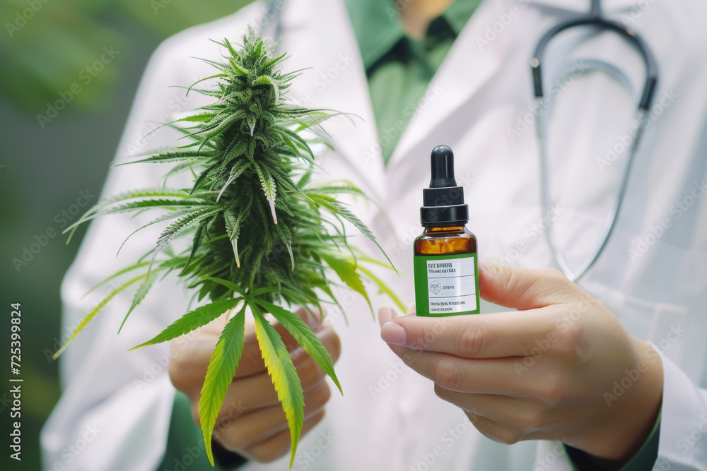 Doctor with CBD Oil and Cannabis Plant.
Doctor holding a green cannabis plant and a bottle of CBD oil in a clinical setting. Doctor with CBD Oil and Cannabis Plant.
Doctor holding a green cannabis plant and a bottle of CBD oil in a clinical setting.