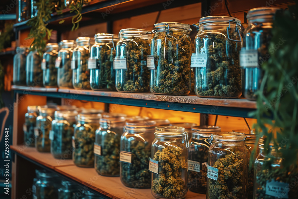 Assorted Dried Cannabis Buds, Leaves and products in Jars on Shelves.
A collection of labeled cannabis jars neatly arranged on wooden shelves.
