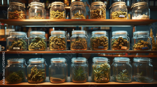 Assorted Dried Cannabis Buds, Leaves and products in Jars on Shelves. A collection of labeled cannabis jars neatly arranged on wooden shelves.