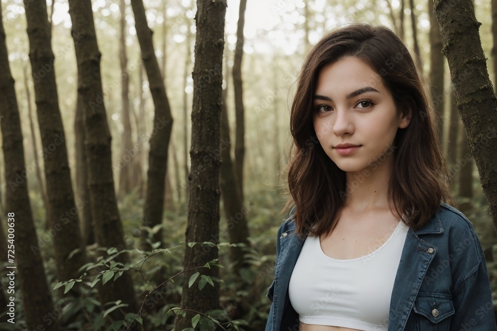 Portrait of a cool-looking woman wearing a tank top and jacket hiking in the forest with copy space. Portrait of a cool-looking woman wearing a tank top and jacket hiking in the forest with copy space.