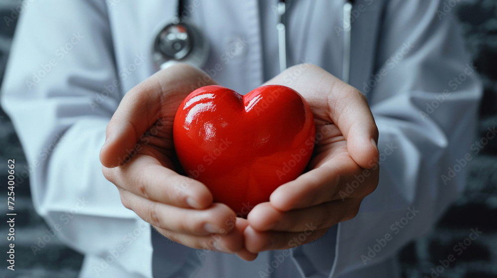 Doctor holding the heart model give to the patient for cheer up and care the health. Doctor holding the heart model give to the patient for cheer up and care the health.