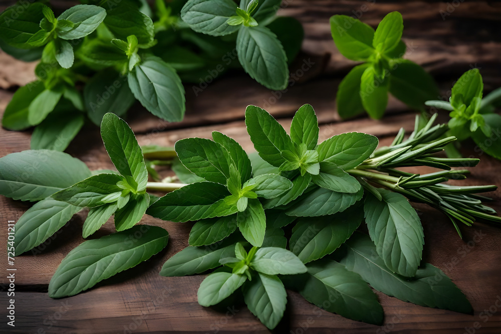Green Peppermint Mint leaves top on the wooden table Green Peppermint Mint leaves top on the wooden table