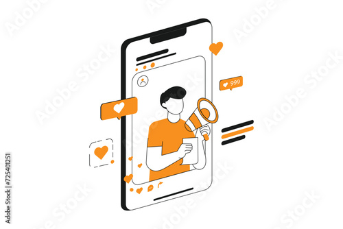 Male character is holding a megaphone to make a promotion